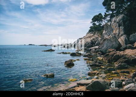 Paesaggio di una piccola spiaggia di ciottoli circondata da rocce con Vegetazione in Costa Brava Foto Stock