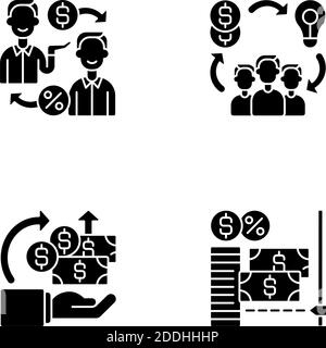 Piattaforme di crowdfunding digitale icone glifo nero impostate su spazio bianco Illustrazione Vettoriale