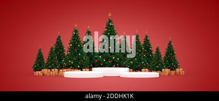 Podio davanti agli alberi di natale - banner - 3D rendering Foto Stock
