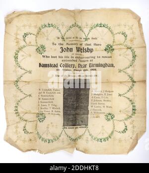 Souvenir Paper tovagliolo, Homestead Colliery Disaster, 1908, Storia sociale, storia di Birmingham, morte, Produttori, miniere di carbone Foto Stock