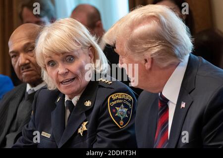 Chester County, Pa Sheriff Carolyn "Bunny" Welsh partecipa a una tavola rotonda sulla sicurezza delle frontiere e le comunità sicure ospitata dal presidente degli Stati Uniti Donald J. Trump, 11 gennaio 2019 alla Casa Bianca di Washington, DC. Lo sceriffo ora ritirato è stato accusato di furto e di diversione dei servizi in un presunto programma di addebitare ai contribuenti il lavoro volontario che ha beneficiato di un'unità K-9 nella contea di Chester il 24 novembre 2020. Credito: Chris Kleponis/Pool via CNP | utilizzo in tutto il mondo Foto Stock