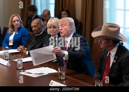 Chester County, Pa Sheriff Carolyn "Bunny" Welsh (terza sinistra) partecipa a una tavola rotonda sulla sicurezza delle frontiere e le comunità sicure ospitata dal presidente degli Stati Uniti Donald J. Trump, 11 gennaio 2019 alla Casa Bianca di Washington, DC. Lo sceriffo ora ritirato è stato accusato di furto e di diversione dei servizi in un presunto programma di addebitare ai contribuenti il lavoro volontario che ha beneficiato di un'unità K-9 nella contea di Chester il 24 novembre 2020. Credito: Chris Kleponis/Pool via CNP | utilizzo in tutto il mondo Foto Stock