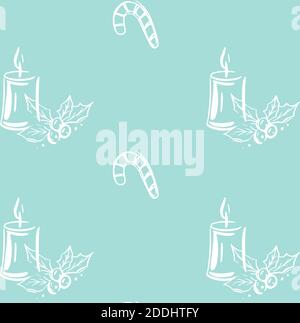Modello di natale vettoriale senza giunture con candele, canna da zucchero, mistletoe su sfondo color menta. Natale cibo sfondo Foto Stock