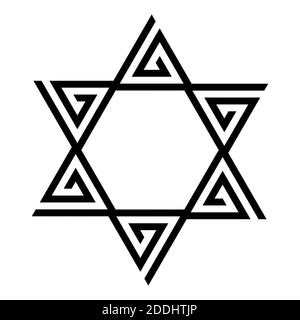 Icona stella di David. Simbolo ebraico israeliano in stile tribale. Immagine vettoriale nera isolata su sfondo bianco. Illustrazione Vettoriale