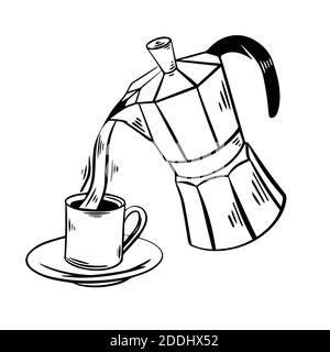 Il caffè versato da una moka volante in una tazza disegnata a mano illustrazione vettoriale. Moka schizzo con tazza di caffè su sfondo bianco. Cibo, caffè, caffè male Foto Stock