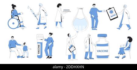 Set per la vaccinazione e il trattamento del coronavirus. Medici, scienziati e pazienti chatatters isolati su sfondo bianco. Corona virus ricerca completa de Illustrazione Vettoriale