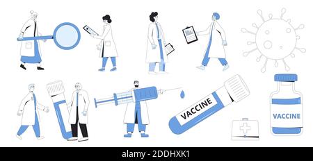 Set per la vaccinazione e il trattamento del coronavirus. Medici, scienziati e simboli medici isolati su sfondo bianco. Corona virus ricerca completo develo Illustrazione Vettoriale
