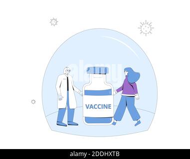 Concetto di vaccino. Protezione da coronavirus. Medicina per la prevenzione del virus corona. Medico che dà alla donna una bottiglia enorme di vaccino. Paziente femminile Illustrazione Vettoriale