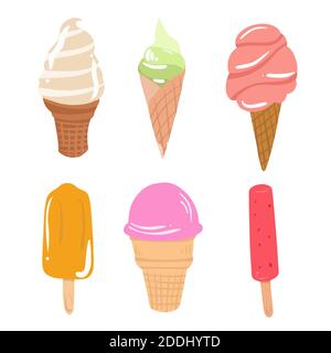 Vettore gustosa collezione di gelato colorato isolato su sfondo bianco. Set di illustrazioni disegnate a mano di gelato diverso. Foto Stock