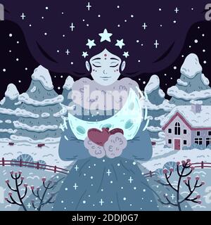 Principessa di stellata notte invernale con mezzaluna. Bella donna con capelli lunghi sullo sfondo con alberi e casa. Illustrazione vettoriale per poster, gree Illustrazione Vettoriale