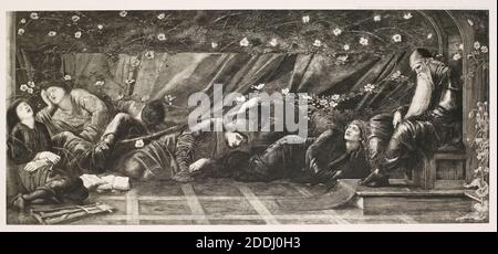 The Briar Rose Series, The Council Chamber (II),1900 After: Sir Edward Burne-Jones (d.1898) Editore: Berlin Photographic Company, Sleeping, 19th Century, Print, Black and White, Photographic print, Photographic gravure, Knight, Men, Royal, King Foto Stock