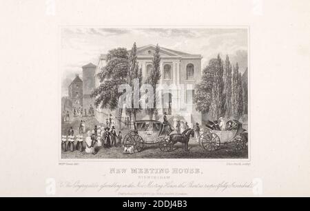 Incisione del New Meeting House Birmingham, 1830 disegnato da: William Green incisore: John Smith, Topographical views, religione, Cristiano, animale, cane, animale, Cavallo, Stampa, incisione, storia di Birmingham, carrozza Foto Stock