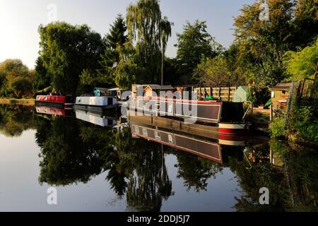 Narrwboats sul fiume Bulbourne, Bourne End villaggio, Hemel Hempstead città, Hertfordshire County, Inghilterra Foto Stock