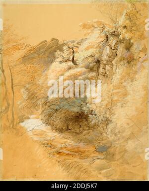 A Festiniog, Galles del Nord, 1835 Samuel Palmer, anche spelt Ffestiniog, come in Blaenau Ffestiniog, Paesaggio, Acquerello, Chalk, Galles, Sketch, rocce, Fiume Foto Stock