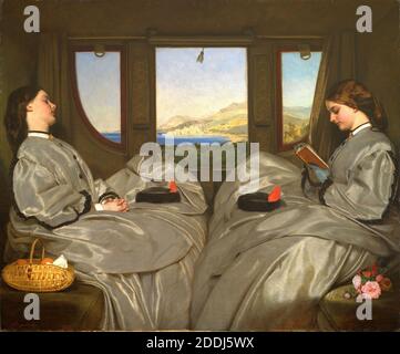 I compagni di viaggio, 1862 artista: Augustus Leopold Egg, viaggio, treno, passeggeri, ragazza, libro, lettura, sonno, finestra, dipinto ad olio, fiore, cesto, ferrovia, costume, vestito, trasporto pubblico Foto Stock