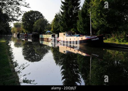 Narrwboats sul fiume Bulbourne, Bourne End villaggio, Hemel Hempstead città, Hertfordshire County, Inghilterra Foto Stock