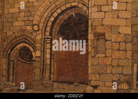 Tunbridgeware Picture, Battle Abbey, 1800-50 Mosaico pannello di Battle Abbey fatto nel laboratorio Fenner e Nye, forse già nel 1820. Si tratta di un pezzo altamente specializzato che utilizza diverse sfumature di mosaico di legno per ottenere un aspetto quasi acquerello. Il costruttore è in grado di mostrare l'abbazia in prospettiva aumentando la dimensione dei blocchi di legno da sinistra a destra. Storia sociale, legno, Mosaico Foto Stock