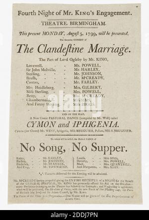 Theatre Bill, Birmingham Theatre, 1799, Storia sociale, Musica, Teatro, Danza, storia di Birmingham, Teatro, Performer Foto Stock