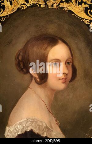 Reverse of Papier Mache schermo volto con Ritratto della Regina Vittoria sul fronte, 1840 Produttore: Jennens & Bettridge (Constitution Hill, Birmingham), uno di un paio, probabilmente fatto per commemorare il matrimonio reale della Regina Vittoria e Principe Alberto nel 1840, Applied Arts, Produttori, storia di Birmingham Foto Stock