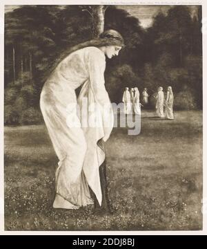 St George Series, la principessa incatenata all'albero, 1900 dopo: Sir Edward Burne-Jones Editore: Berlin Photographic Company, Tree, 19 ° secolo, WomenPre-Raphaelite, stampa fotografica, Photogravure, Female, Crown, natura Foto Stock