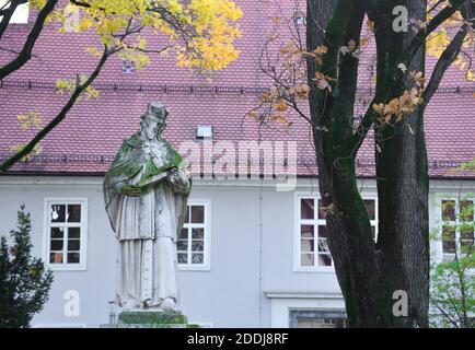 Statua di Johannes Nepomuk nascosta in un piccolo parco vicino alla chiesa di Sant'Andra a Graz, regione della Stiria, Austria. Foto Stock