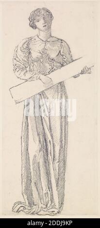 The Garland Weavers, Drappery Study, 1866-1867 Artist: Edward Burne-Jones, Full length figure study, holding outline of musical Instrument., Art Movement, Pre-Raphaelite, disegno, matita, opere su carta Foto Stock