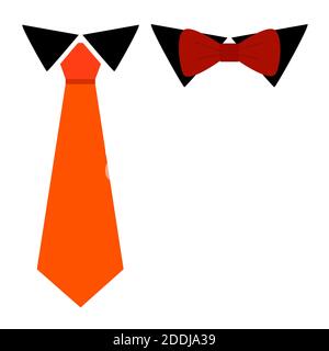 Cravatta classica e Bow Tie, cravatta colorata di carota e cravatta bow bordeaux su camicia nera accessori colletto piatto stile semplice, isolato su bianco. Illustrazione Vettoriale