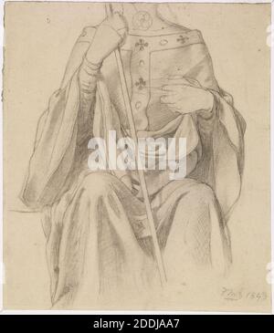 The Spirit of Justice, Drappery Study for a female Figure, 1844-45 verso, Back: Part of a drappery Study, 1844-45 Ford Madox Brown, Collana, disegno, ChalkPre-Raphaelite, Ciondolo, Croce, Robe, seduto Foto Stock