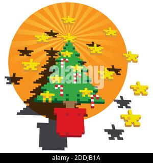 Un'illustrazione di pixel cubici di un albero di Natale con stelle e canne candite contro uno sfondo circolare arancione. Illustrazione Vettoriale