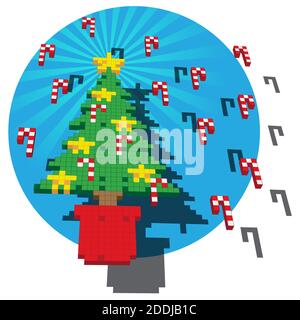 Un'illustrazione pixel del gioco retro di un albero di Natale con stelle e canne caramelle contro uno sfondo blu circolare. Illustrazione Vettoriale