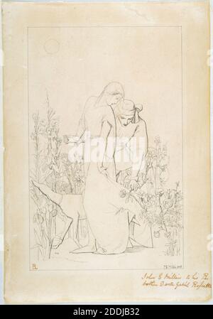 Lovers by a Rosebush, 1848 artista: John Everett Millais, Flower, Rose, Animal, Dog, Sketch, Pre-Raphaelite Foto Stock