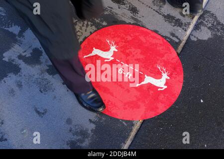 New York, New York, Stati Uniti. 25 Nov 2020. Avvertenza sulla distanza delle renne Covid a terra di fronte al negozio principale di Macys Herald Square, sulla 34esima St. New York. Questi avvertimenti sono posti davanti alle loro finestre di Natale per la distanza sociale. Credit: Milo Hess/ZUMA Wire/Alamy Live News Foto Stock