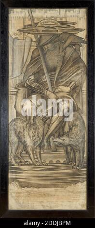 Odin, 1883-84 Sir Edward Burne-Jones (d.1898), due corvi, Hugin e Munin, sulla spalla sinistra, due lupi Geri e Freki ai suoi piedi. 'Asgard' si riferisce a dove gli dei risiedono nella mitologia del Norse. Design for Vinland, Newport, Rhode Island, USA, 19 ° secolo, disegno, Chalk, Gouache, cornice, a tutta lunghezza, animale, lupo, seduto, opere su carta, mitologia nordica, uccello, Raven Foto Stock