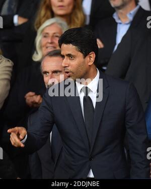 Il presidente del PSG Nasser al-Khelaifi visto negli stand durante la Ligue 1 Paris Saint-Germain contro Reims allo stadio Parc des Princes il 25 settembre 2019 a Parigi, Francia. Foto di Christian Liegi/ABACAPRESS.COM Foto Stock