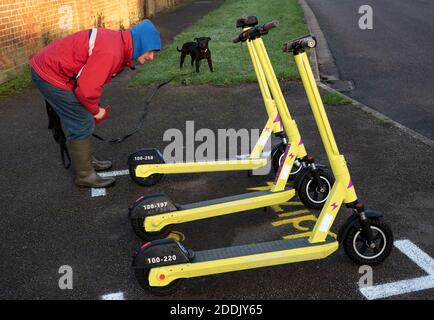 Dog Walker vede e-scooter appena introdotti. Noleggio e-scooter (scooter elettrici), gestito da Zipp Mobility per conto di Buckinghamshire Council ha recentemente avviato un processo di noleggio a breve termine di 12 mesi approvato da DFT ad Aylesbury e High Wycombe. Gli scooters elettronici qui raffigurati si trovano accanto a Ellen Road di Aylesbury. Gli scooters e-scooters di grado industriale sono prodotti da Acton specificamente per gli operatori di flotta. Foto Stock