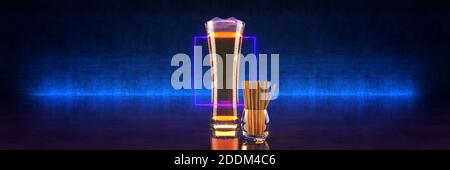 Bicchiere di birra fresca e fredda su sfondo scuro. rendering 3d Foto Stock