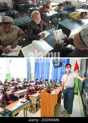 (201126) -- PECHINO, 26 novembre 2020 (Xinhua) -- TOP: Un gruppo di studenti studia da soli in una scuola di pensione a Daliyabuyi Township, Contea di Yutian, regione autonoma Xinjiang Uygur, 7 novembre 2005. (File photo)BOTTOM: Un insegnante di volontariato insegna una lezione di scienza agli studenti della Scuola primaria Bakedun a Tawakkul Township, nella Contea di Hotan, nella regione autonoma Xinjiang Uygur della Cina nord-occidentale, 16 maggio 2020. (Foto scattata da Wang Fei) in un'impresa storica, la Regione Autonoma Xinjiang Uygur della Cina nord-occidentale ha proibito l'addio alla povertà assoluta. Le ultime 10 contee impoverite Foto Stock