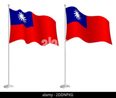 Bandiera della Repubblica di Taiwan su flagpole che ondono nel vento. Elemento di design per le vacanze. Punto di verifica per i simboli della mappa. Vettore isolato su sfondo bianco Illustrazione Vettoriale