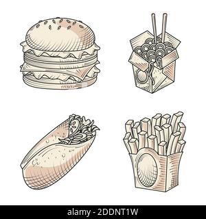 fast food burger sandwich e burrito snack icone disegnate a mano illustrazione vettoriale Illustrazione Vettoriale