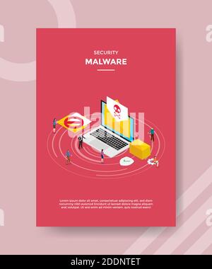 malware di sicurezza persone in piedi davanti laptop involucro cranio sul display per opuscoli modello e banner stampati copertina libri moderni stile piatto Illustrazione Vettoriale