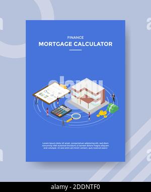 calcolatore ipotecario finanziario persone in piedi intorno casa costruzione per modello opuscoli per copertine per striscioni e pieghevoli in stile moderno e piatto Illustrazione Vettoriale