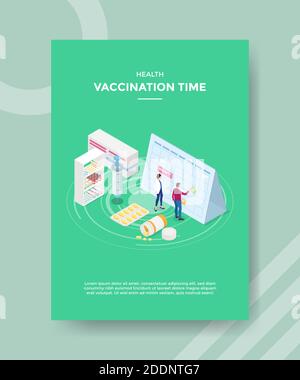 vaccinazioni sanitarie tempo persone in piedi davanti calendario intorno siringa di droga per opuscoli modello e banner stampati copertina libri moderni stile piatto Illustrazione Vettoriale