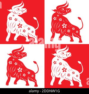 Bue, zodiaco cinese simbolo del nuovo 2021 anni. Il set è composto da tori di stili diversi. Silhouette bianca e rossa. Illustrazione Vettoriale