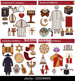 Le religioni del mondo simboleggiano il cristianesimo e l'Islam l'ebraismo e il buddismo Illustrazione Vettoriale
