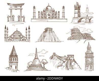 Monumenti storici del mondo edifici famosi e architettura bozzetti isolati Illustrazione Vettoriale