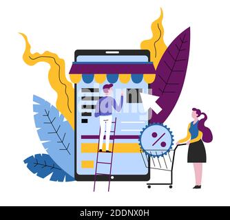 Smartphone app online shopping donna con carrello supermercato Illustrazione Vettoriale