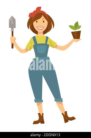 Donna giardiniere con pianta in pentola e spade che piantano e. in crescita Illustrazione Vettoriale