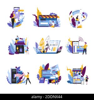 Shopping online concetto isolato astratto icone gadget mobili e Internet negozi Illustrazione Vettoriale