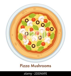 Pizza funghi piatti della cucina italiana o pasto con formaggio fuso Illustrazione Vettoriale