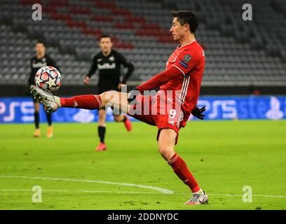 Monaco, Germania. 25 Nov 2020. Robert Lewandowski di Bayern Monaco controlla il pallone durante una partita della UEFA Champions League TRA il FC Bayern Monaco di Germania e il RB Salzburg dell'Austria a Monaco di Baviera, Germania, 25 novembre 2020. Credit: Philippe Ruiz/Xinhua/Alamy Live News Foto Stock